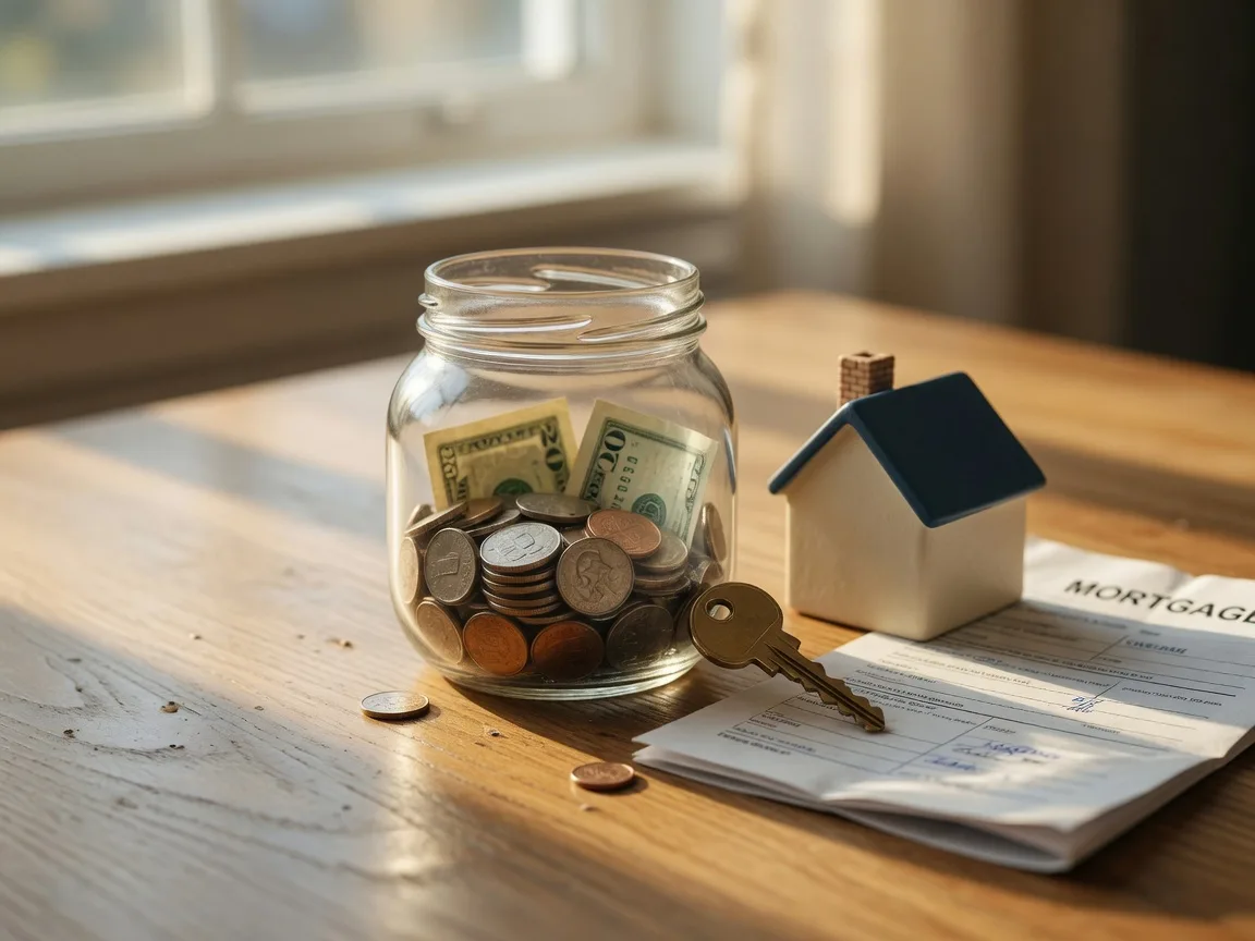 A glass savings jar filled with coins and bills beside a brass house key, a small ceramic model house, and mortgage documents on a wooden table in golden light, representing first-time homebuyer savings