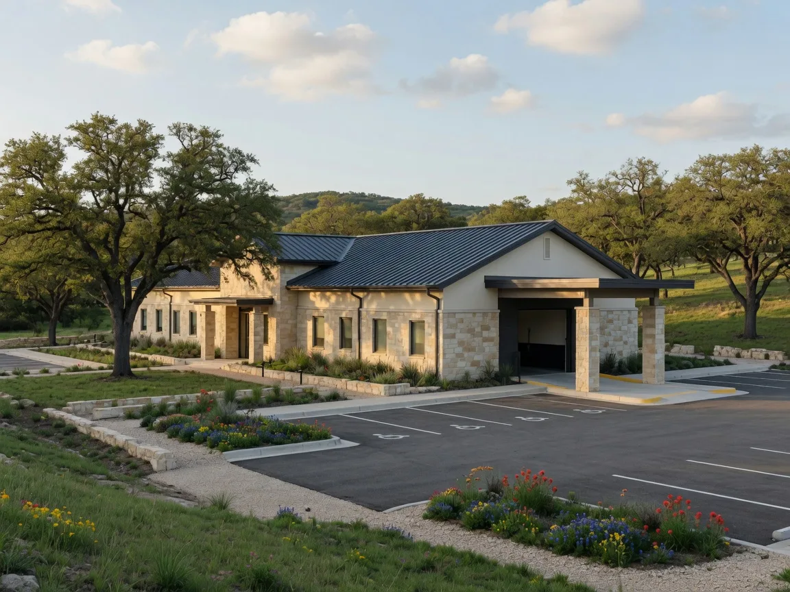 Single-story modern medical center in the Texas Hill Country with a limestone facade, dark metal roof, and covered ambulance entrance on a clear morning