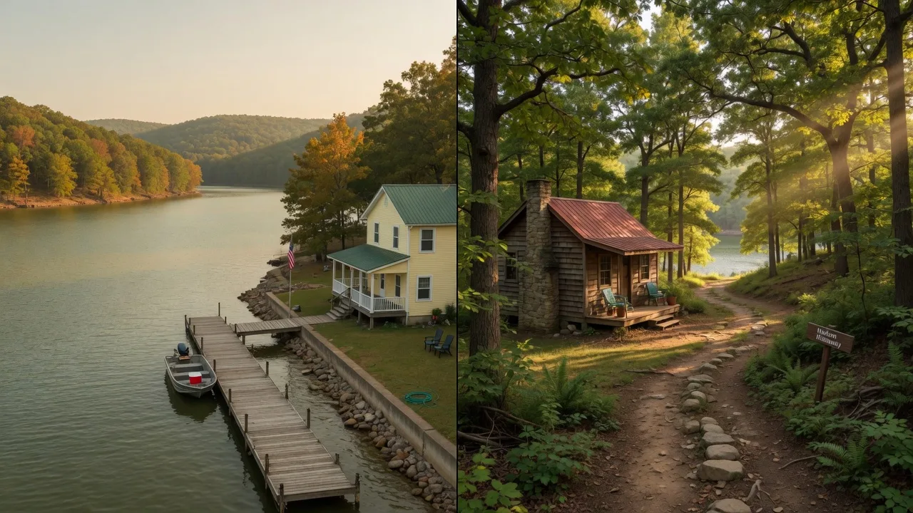 Side-by-side comparison of waterfront property and off-water cabin on Lake Hudson