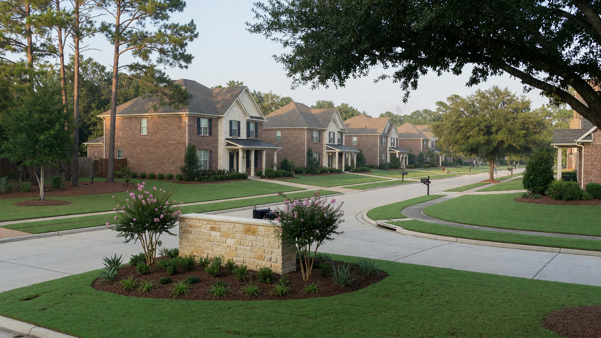 A tidy master-planned community entrance in the Northeast Houston area with a stone entry monument, landscaped beds, and brick homes with manicured lawns