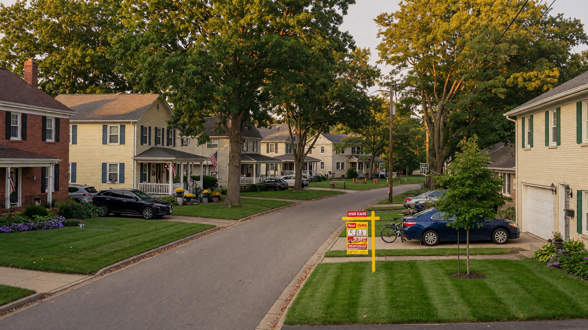 A tree-lined residential street in Wilmington, Ohio with well-maintained homes, mature trees, and a For Sale sign on a late summer afternoon