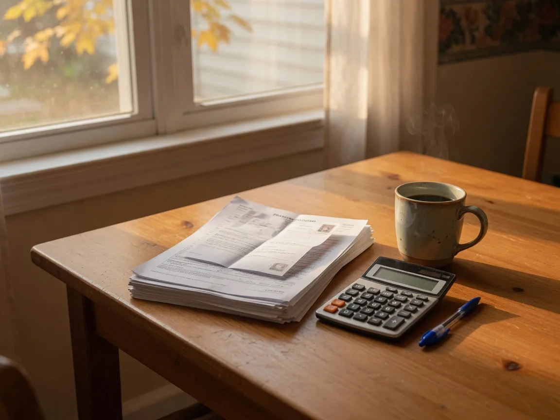 Stack of property tax documents, a calculator, a pen, and a mug of coffee on a wooden kitchen table in autumn morning light