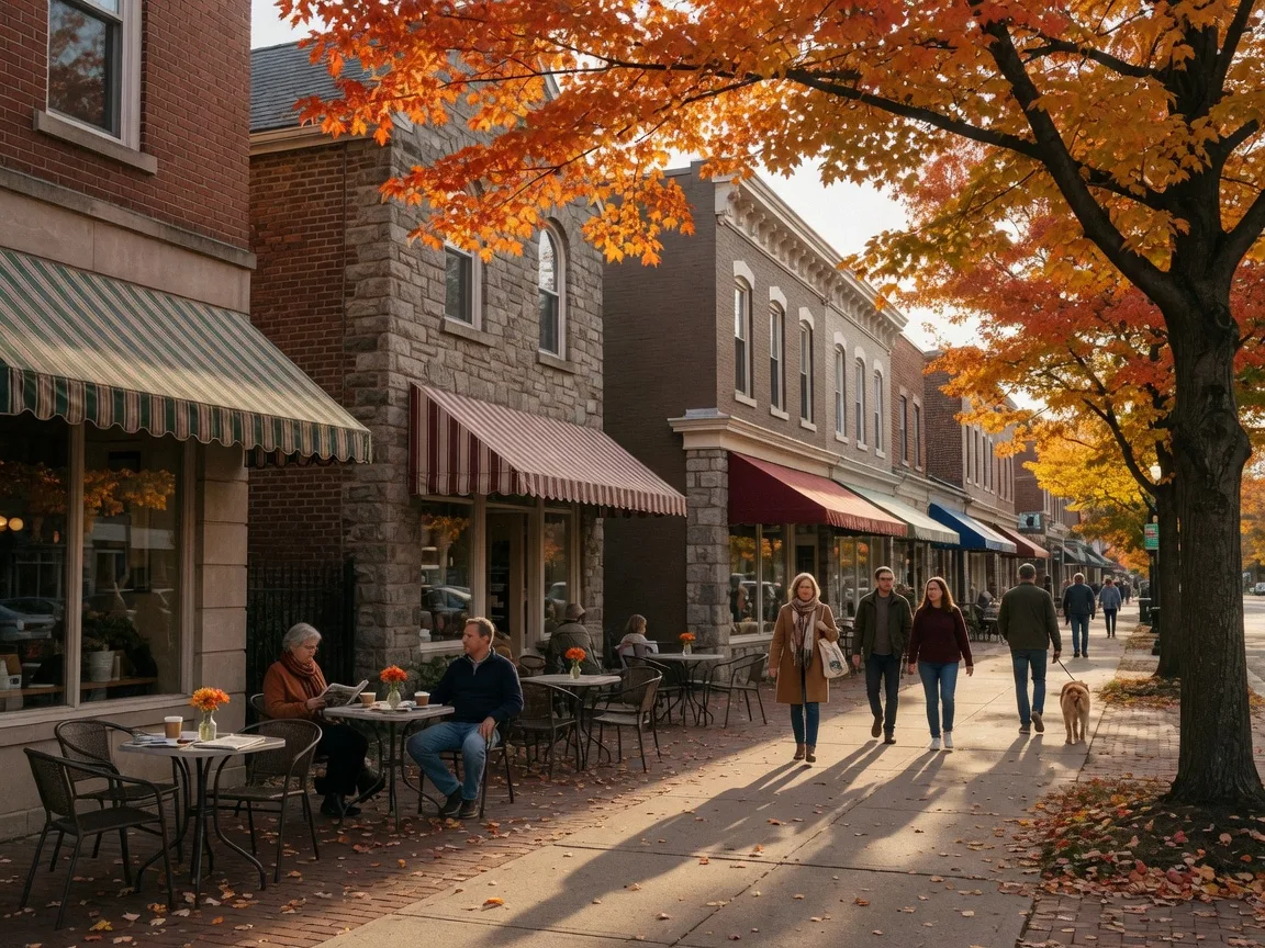 Valley Road in Upper Montclair NJ in mid-October with brick and stone storefronts, awnings, café tables, mature trees at peak autumn color, and pedestrians strolling in warm late-afternoon light