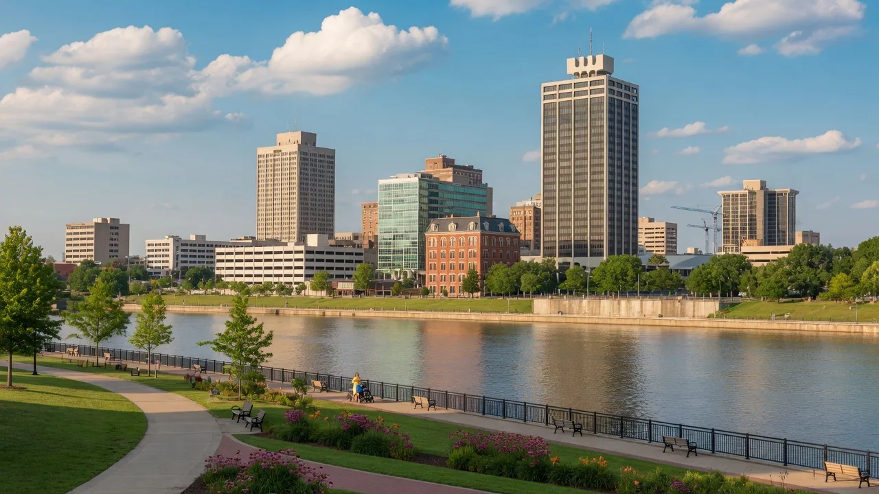 Fort Wayne downtown skyline seen from Promenade Park on the St. Marys River with riverfront walkways and green space