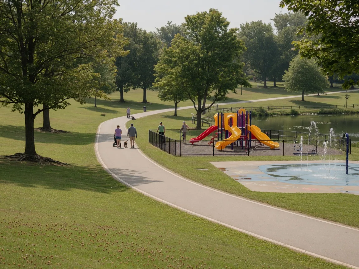 A sunny community park in Evans, Georgia with a walking path, playground and green lawns