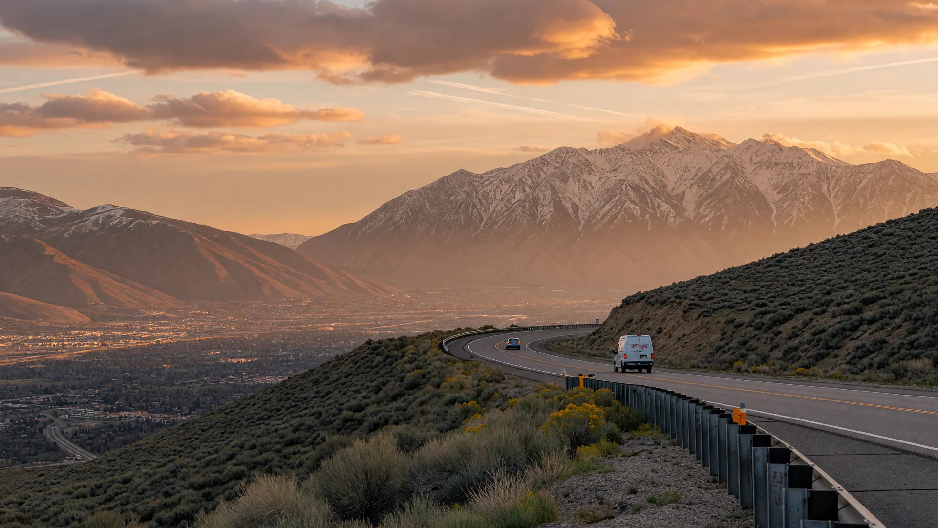 An interstate highway winding toward the snow-dusted Wasatch Mountains at golden hour, a moving van in the distance, sagebrush high desert in the foreground.