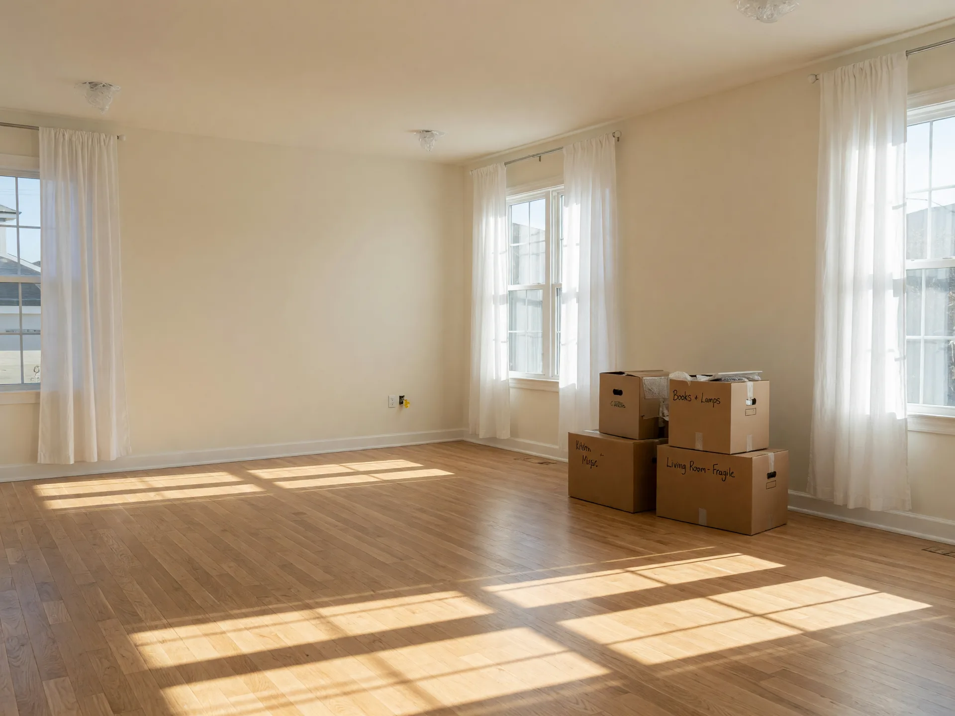 Moving boxes in a bright, sunlit room of a new home