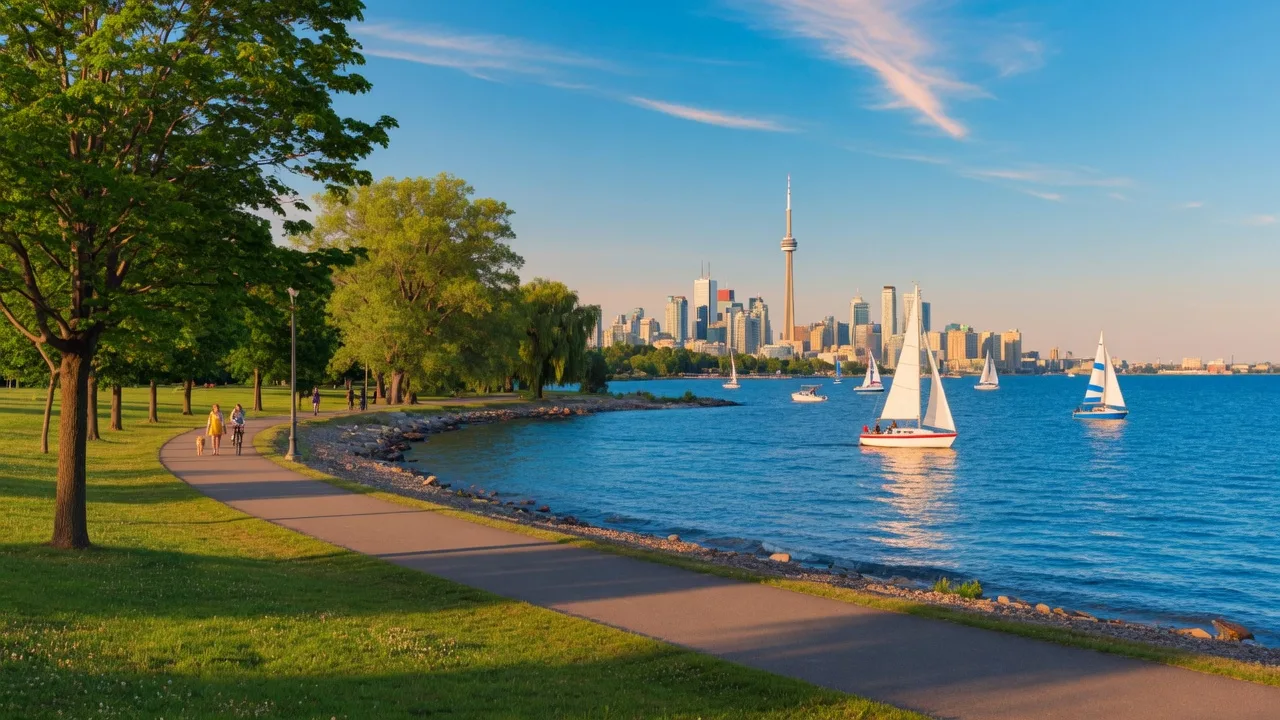 Pickering waterfront on Lake Ontario with sailboats and Toronto skyline in the distance