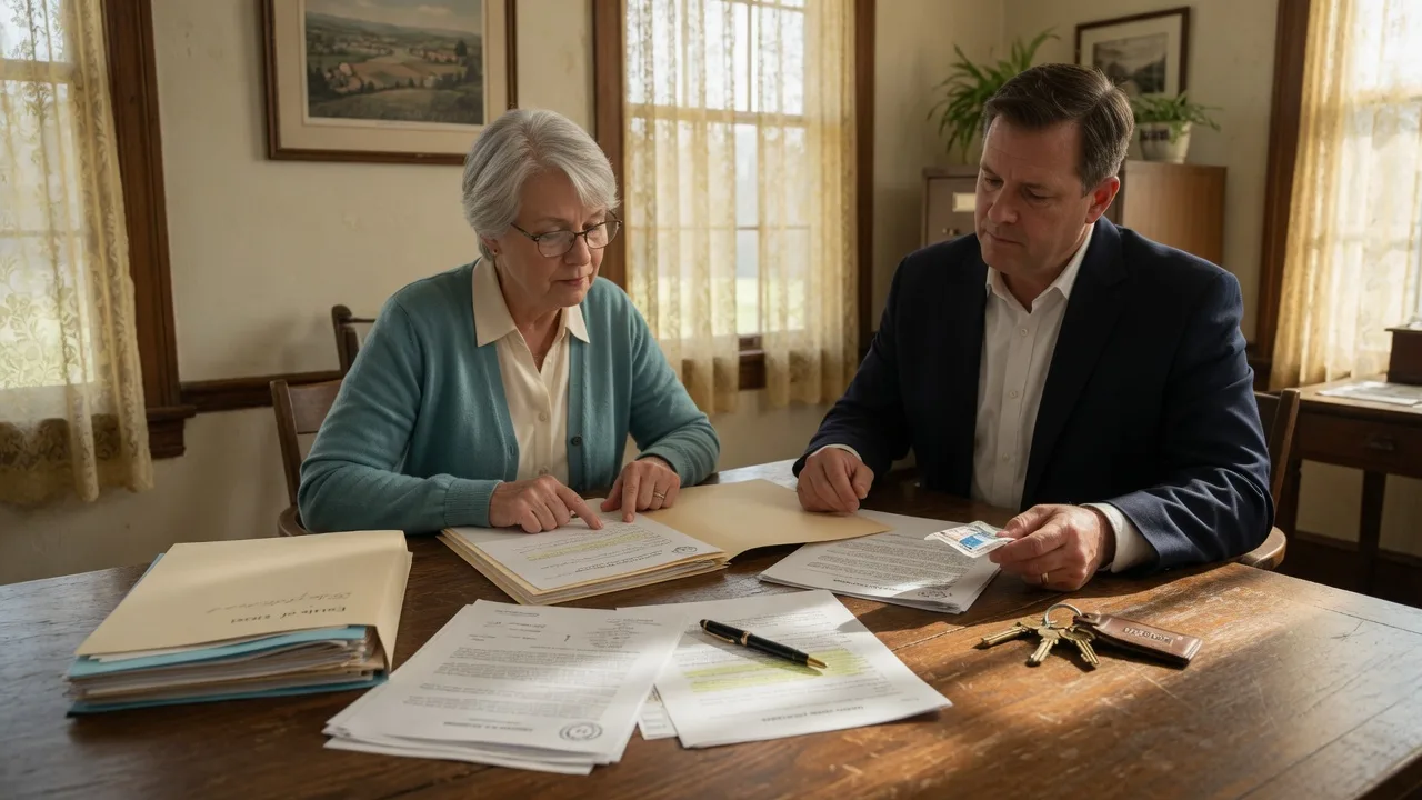 Two people reviewing estate documents and house keys at a wooden table in a small-town Ohio office with warm afternoon light