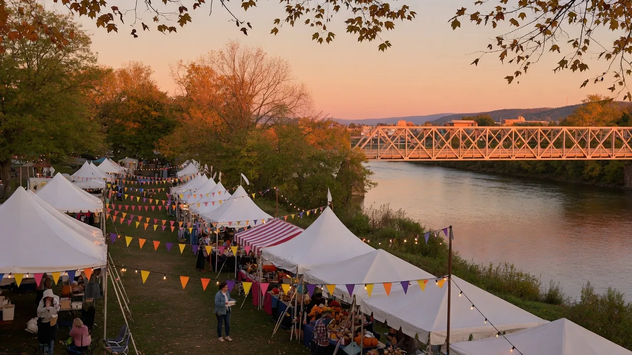 A riverside park festival in a small Pennsylvania city at golden hour in early fall with tents and string lights