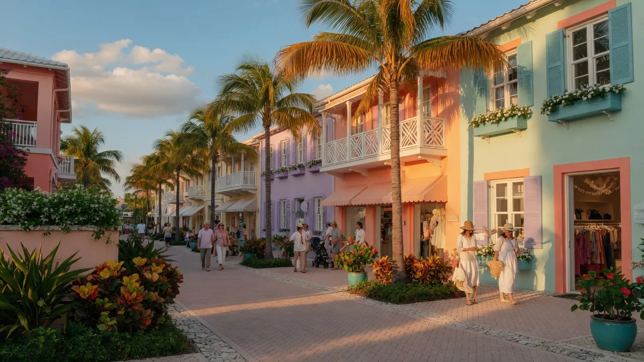 Upscale shopping district on Florida's Gulf Coast with boutique storefronts and palm trees