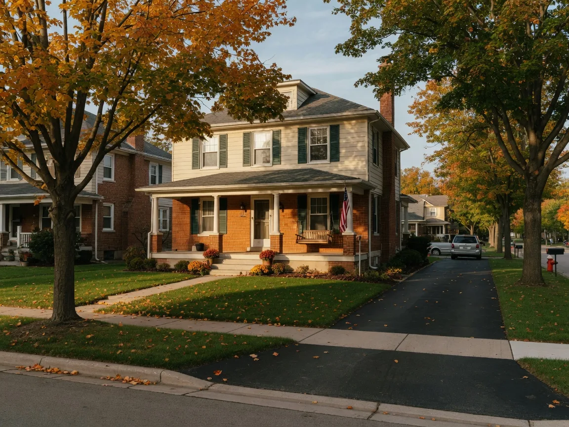 Brick and siding home on a tree-lined Northwest Indiana street in early autumn with maples just beginning to turn gold and a manicured front lawn