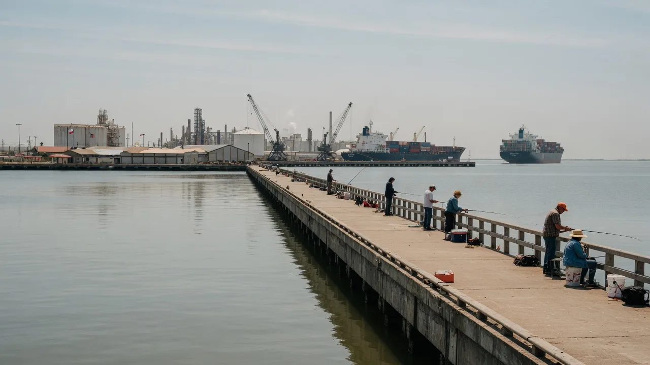 A long fishing pier extending into Galveston Bay with an industrial waterfront
