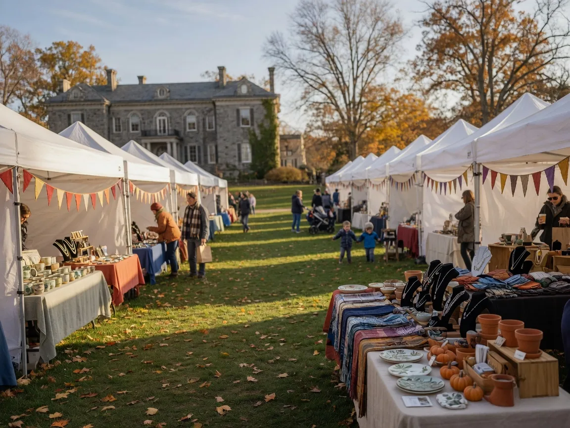 White vendor tents in rows across the wide lawn of the stone Abington Art Center manor house in Jenkintown, golden autumn leaves on the grass, shoppers as distant figures browsing handmade pottery and crafts, low warm November sunlight