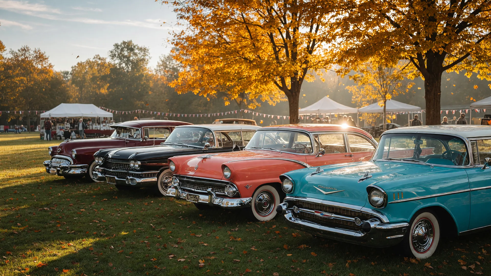Gleaming vintage American cars parked in a row on a small-town park lawn on a sunny October morning with gold and orange autumn trees behind them