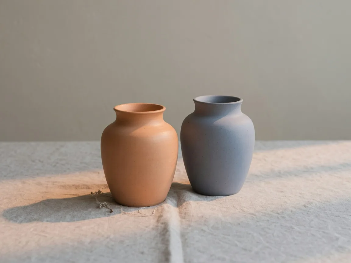 Two simple ceramic vessels, one warm terracotta and one matte gray-blue, side by side on a linen-covered table in soft window light