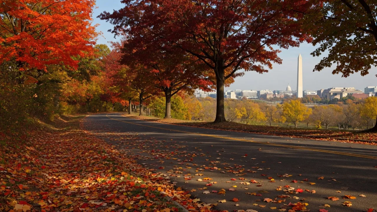 Autumn foliage lining Rock Creek Park in Washington, DC with the city skyline in the distance