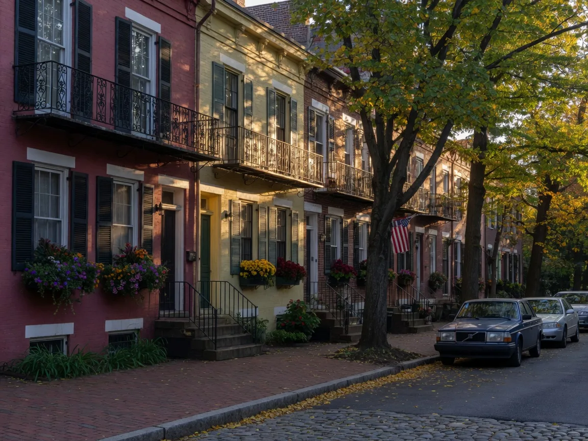 Historic brick and frame rowhouses on a quiet tree-lined street in the Georgetown neighborhood of Washington DC in early autumn, warm afternoon light on iron balconies and window boxes