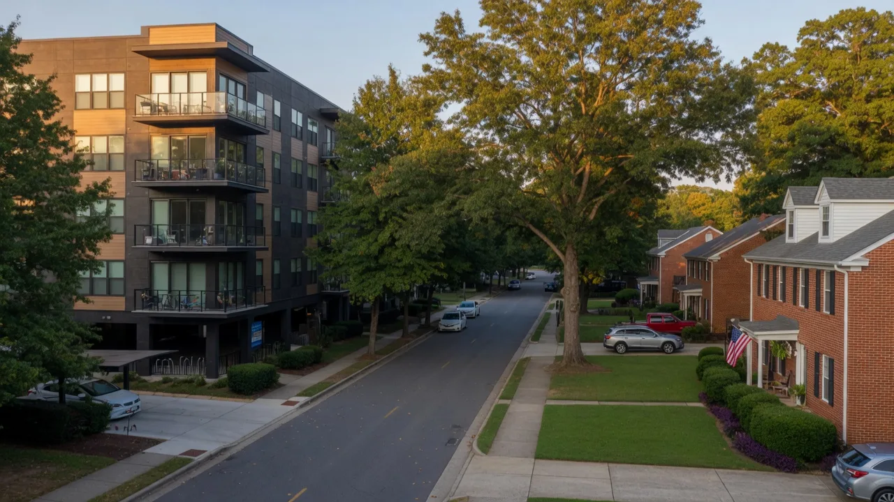 A modern rental apartment building beside a single-family home in a Triangle suburb
