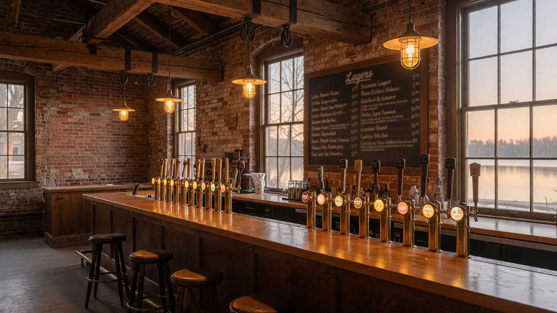 A warm heritage craft brewery taproom with a long polished wood bar, brass taps and exposed timber beams from an 1870s building, in late-afternoon light