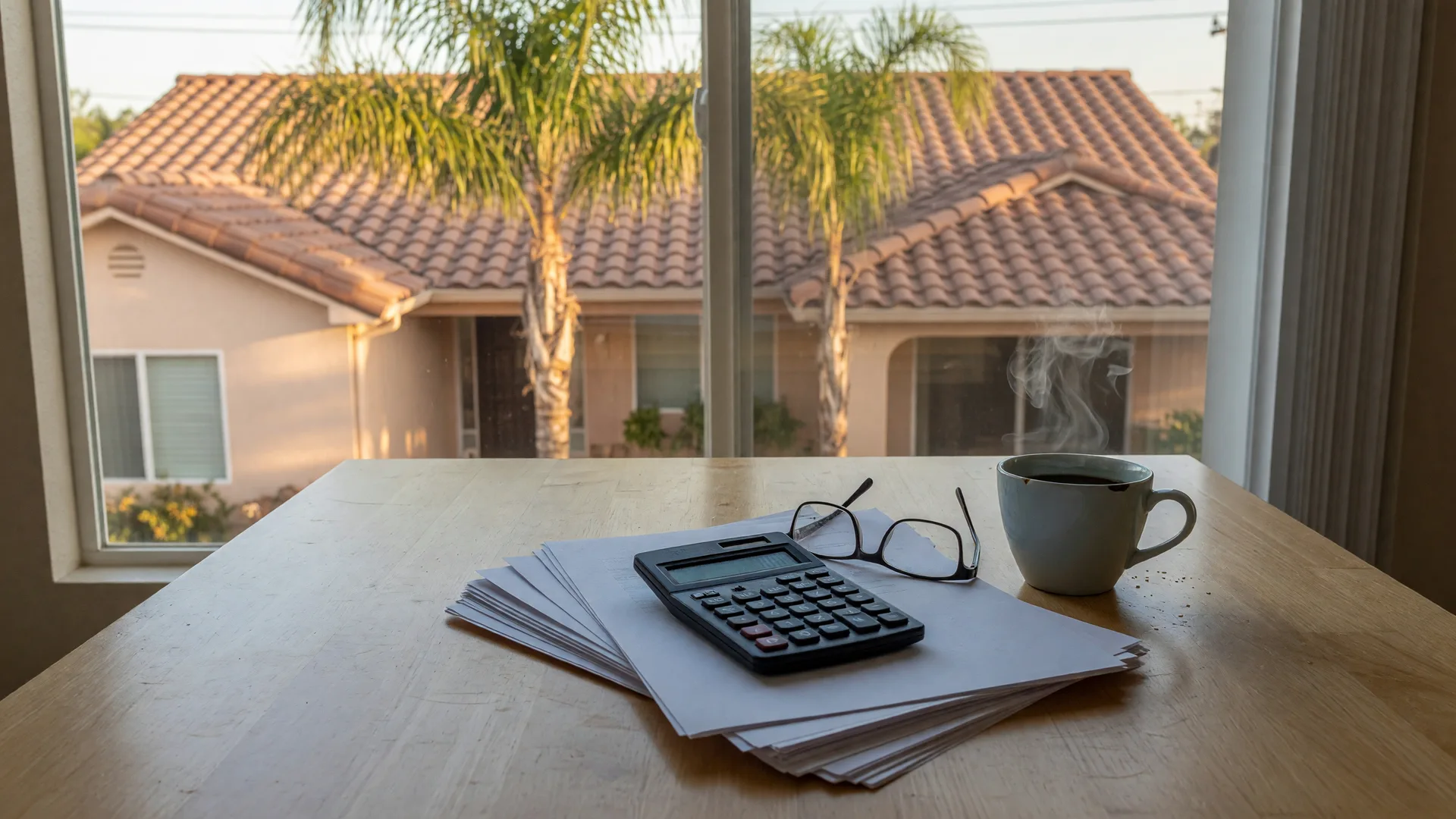 South Florida kitchen table with tax documents, calculator, and coffee, stucco home with palm trees outside the window