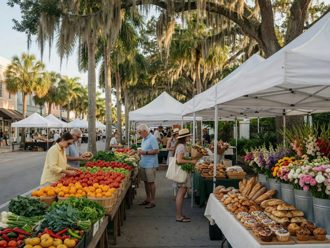 A Saturday morning farmers market on a palm-lined street in Old Naples with white vendor tents, crates of produce, and cut flowers on wooden tables