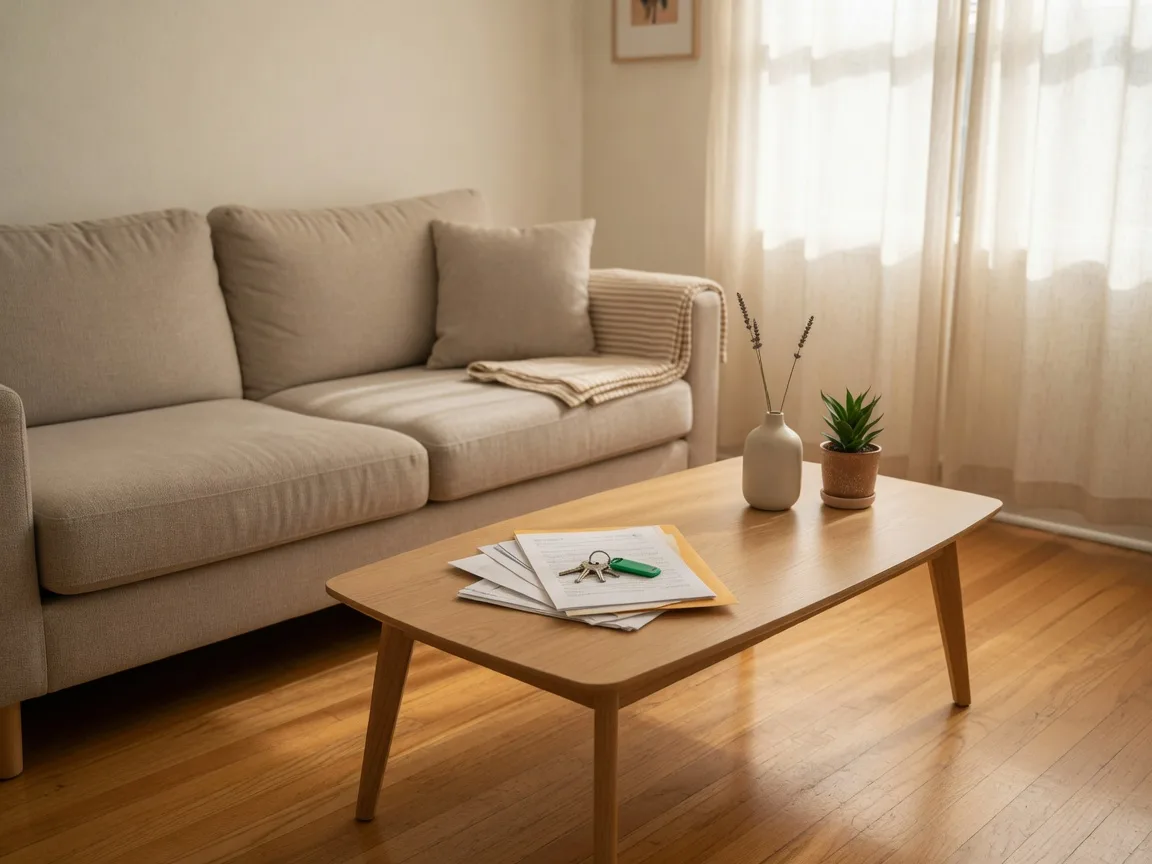 A sunlit, freshly tidied living room with documents and house keys on the coffee table