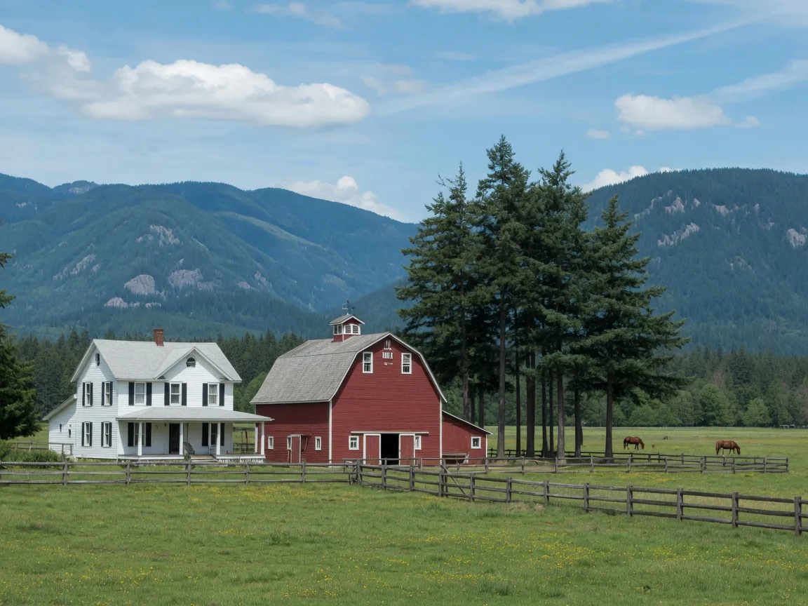 Rural acreage in the Snoqualmie Valley with a white farmhouse and red barn