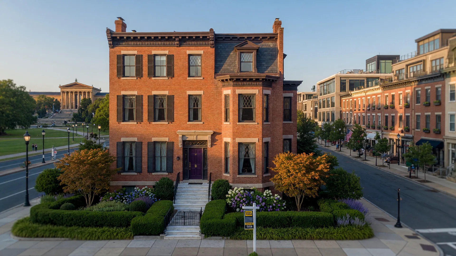 Beautiful brick rowhome in Fairmount Philadelphia with sold sign and Art Museum skyline in background