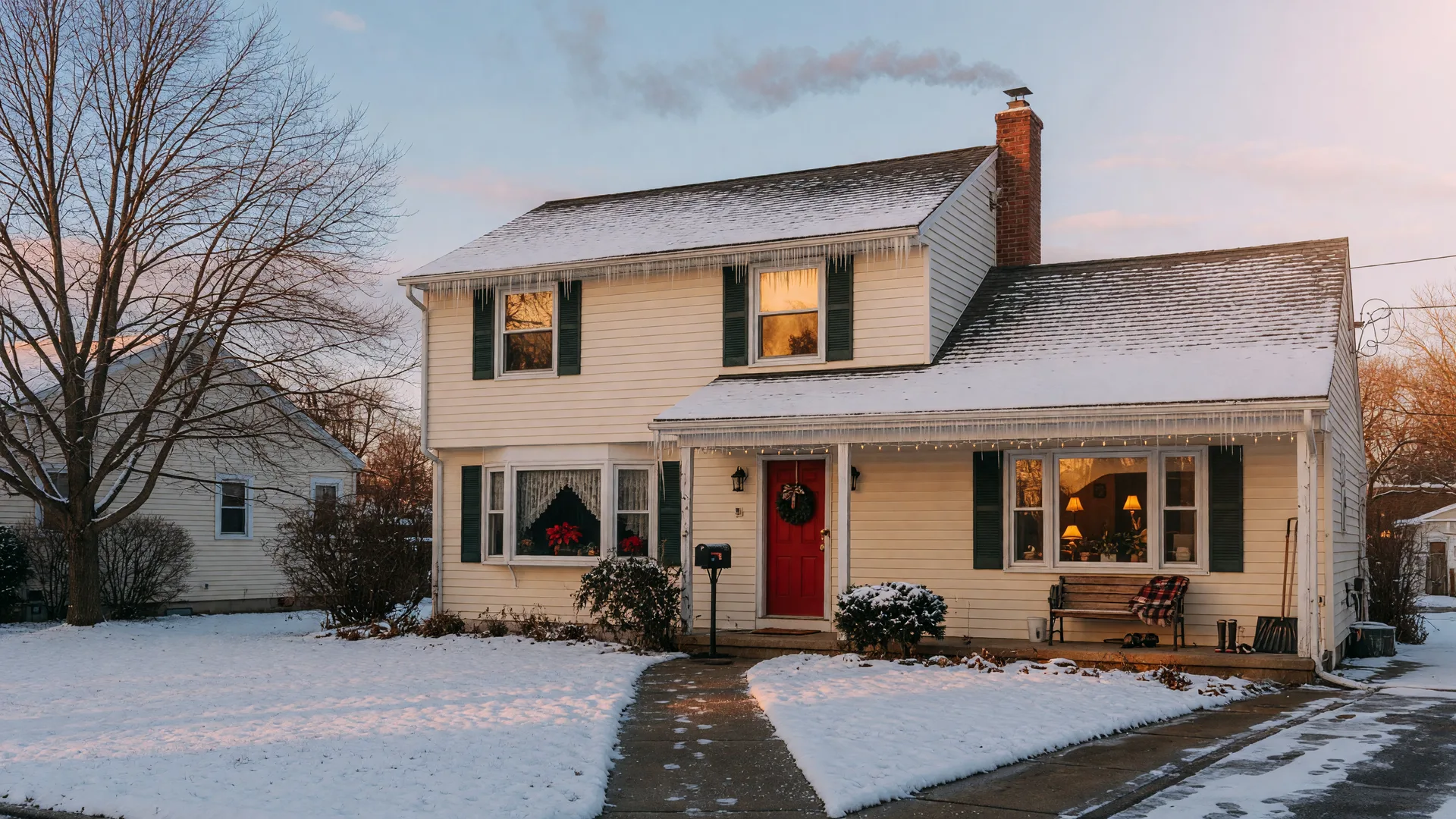 Cozy suburban home in Burlington County with snow dusting the roof, warm windows glowing, and chimney smoke rising on a crisp winter morning