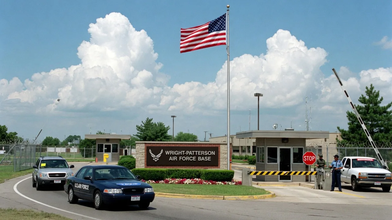 The Wright-Patterson Air Force Base main gate entrance in Dayton Ohio with the base sign, American flag, and blue summer sky