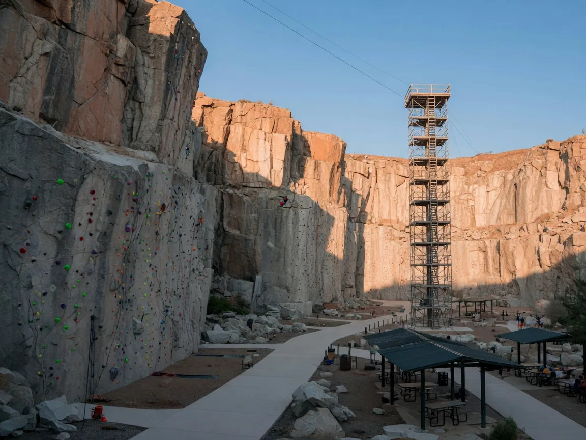 Granite quarry rock faces with climbing routes and a zip line tower at Quarry Park Adventures in Rocklin