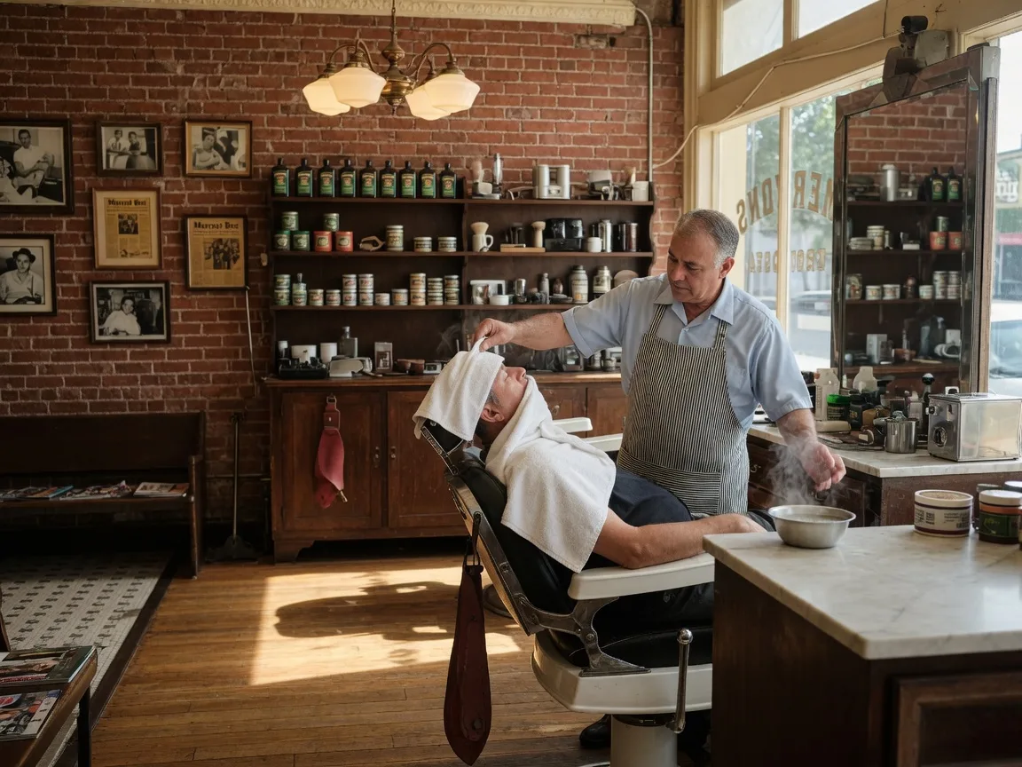 A barber performing a hot towel shave for a client in a vintage barber chair at Avila's retro barbershop in downtown Merced, with exposed brick and warm pendant lighting