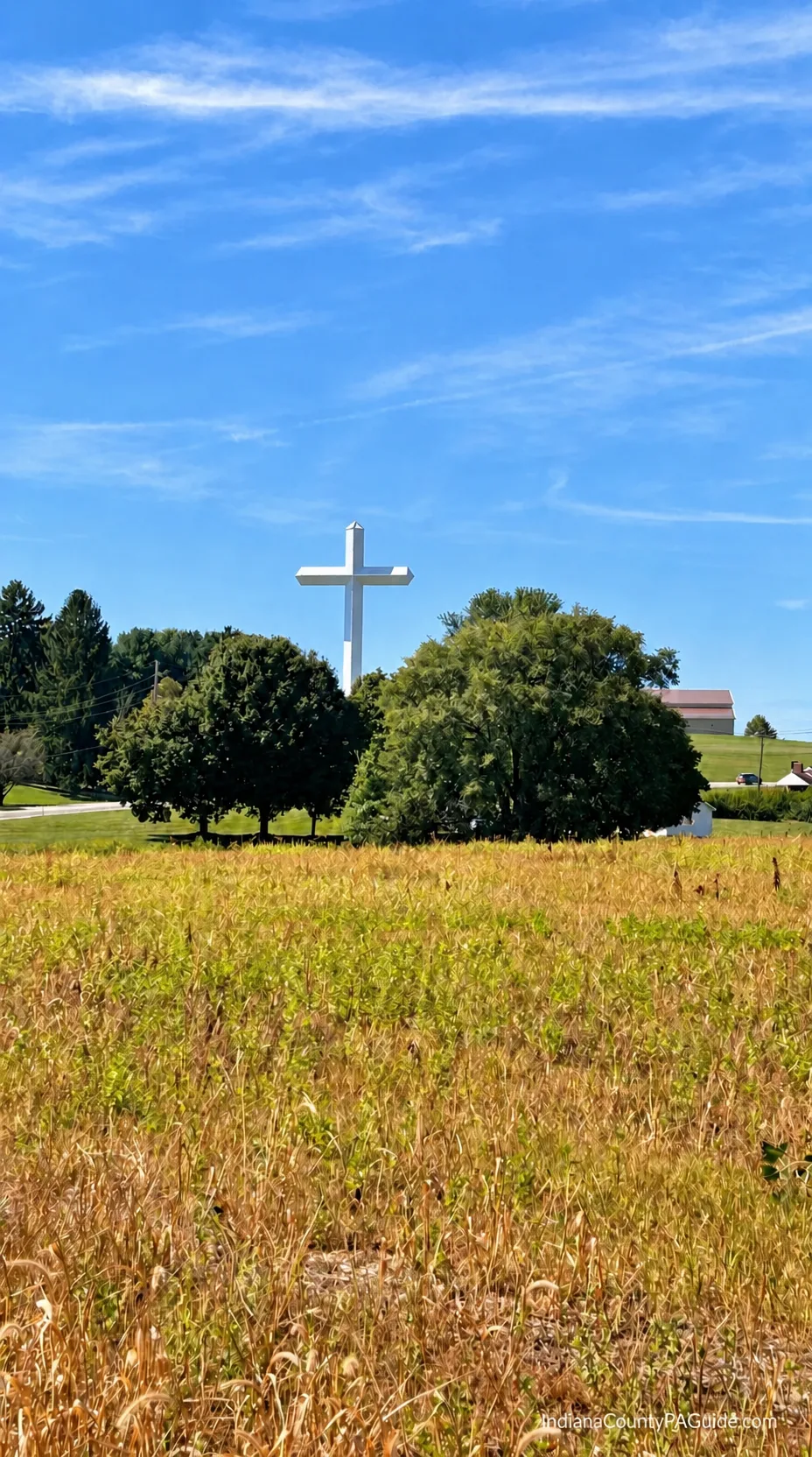 The 108-foot white cross at Hilltop Baptist Church rising above the fields outside Indiana Borough, PA