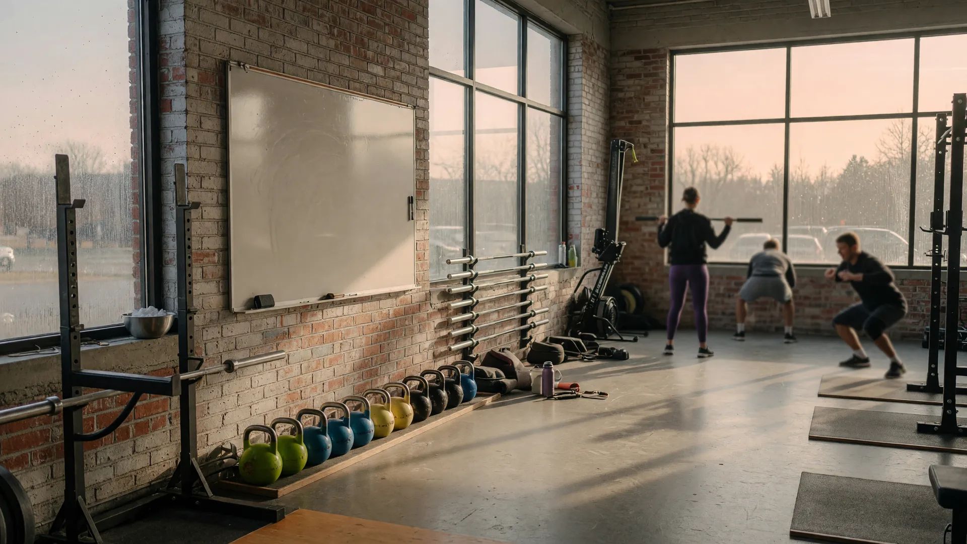 The bright training floor of CrossFit Totality in north Oshawa with squat racks, kettlebells, and rowing machines