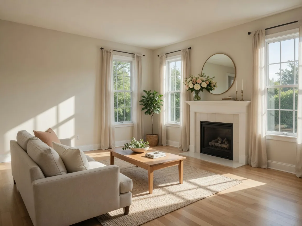 A bright, freshly staged living room with a light sofa, wooden coffee table, and flowers on the mantel