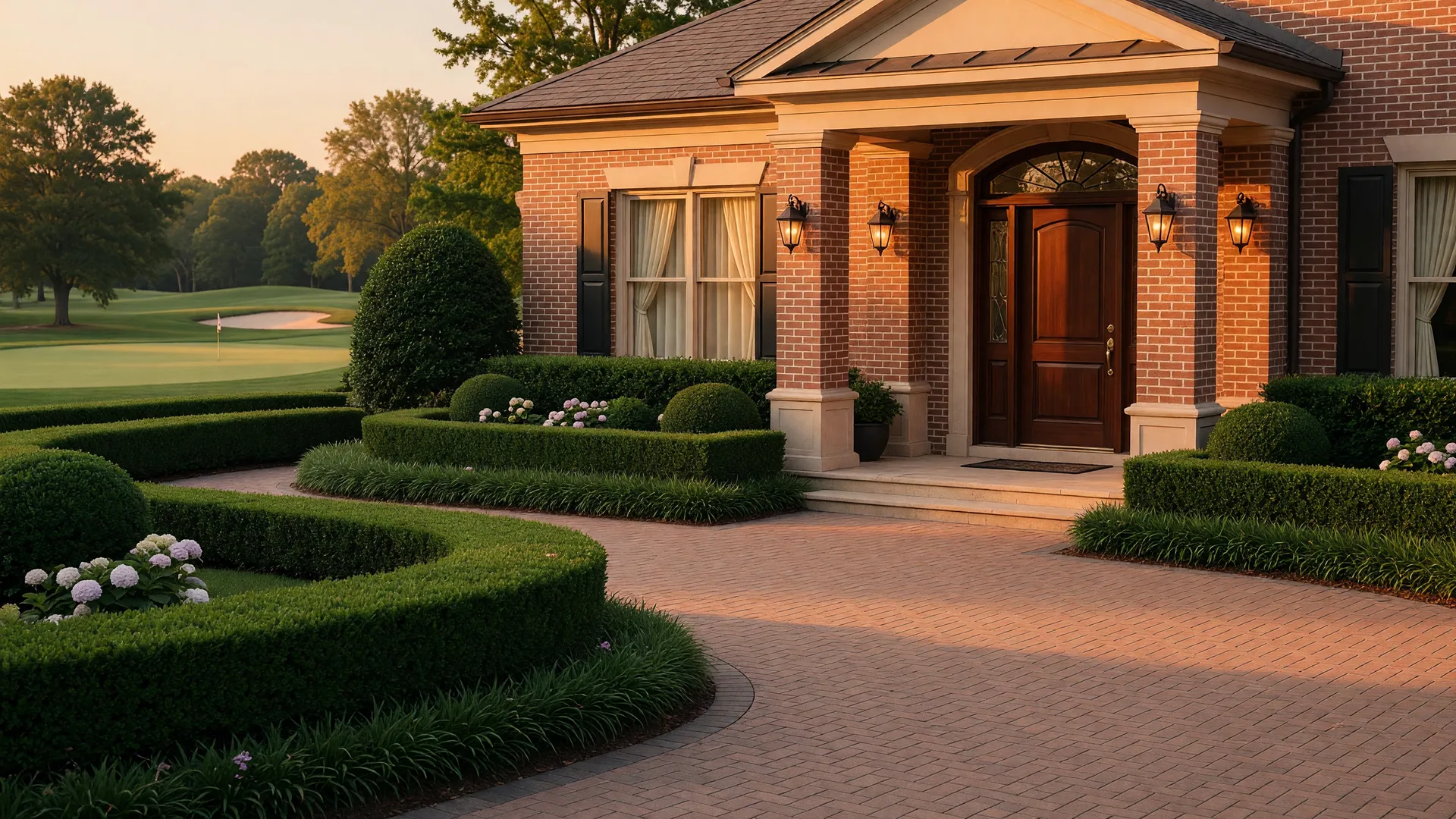 Luxury home entrance in a golf course community at golden hour showcasing premium Apalachee Farms properties
