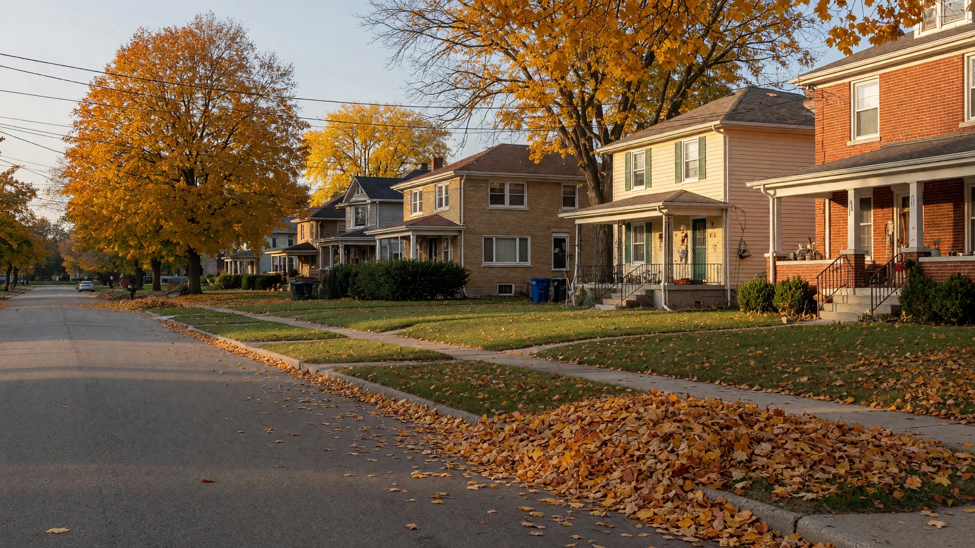 A leafy residential street in Peoria in mid-October, homes set among trees turning gold and amber