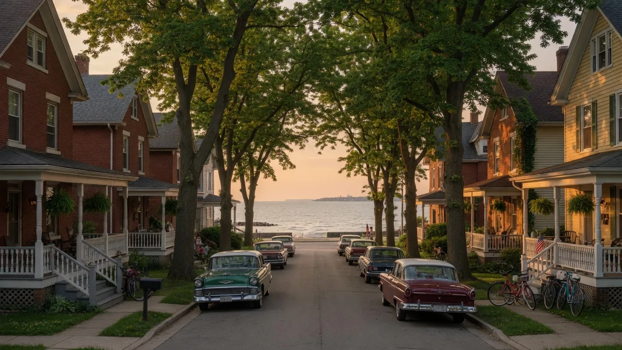 Three-story brick century homes with front porches along a tree-lined Lakewood Ohio street