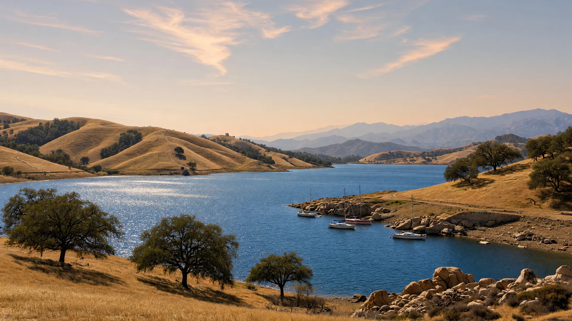 A wide blue reservoir lake ringed by golden hills and mountains with sailboats near a rocky shoreline in Southern California