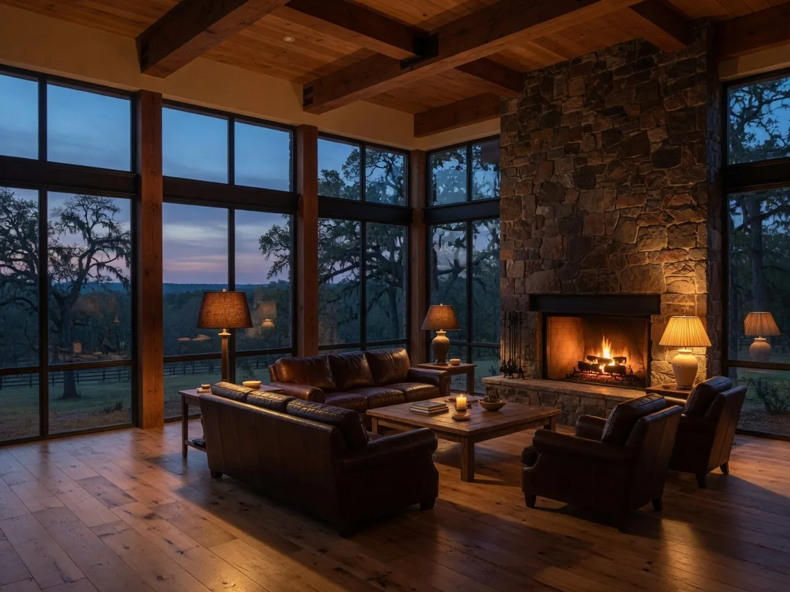 A warm timber-beamed great room with a stone fireplace at dusk in a San Antonio home, a San Antonio real estate favorite, with windows showing dark live oaks outside