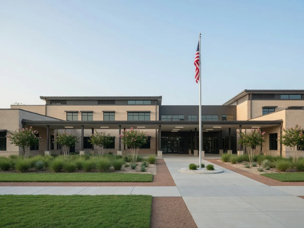 A modern Katy ISD-style school campus with pale brick and covered walkways