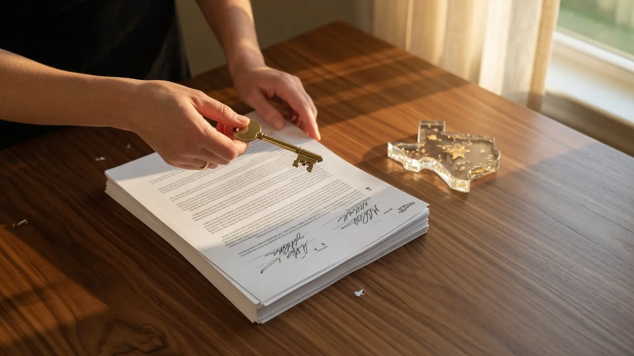 Hands passing a brass house key over a signed contract at a homebuyer closing table