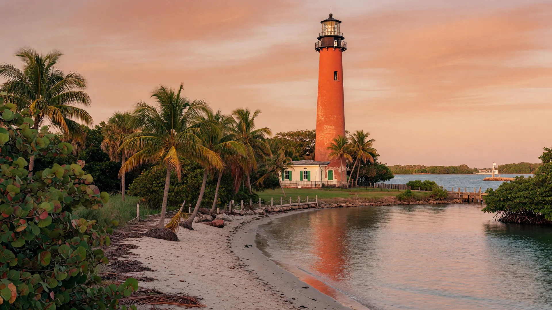 The red brick Jupiter Inlet Lighthouse at golden hour above the inlet, with palms along the beach