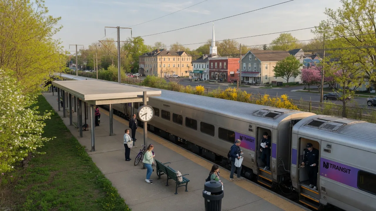 NJ Transit train at a suburban South Jersey station with passengers boarding on a spring morning