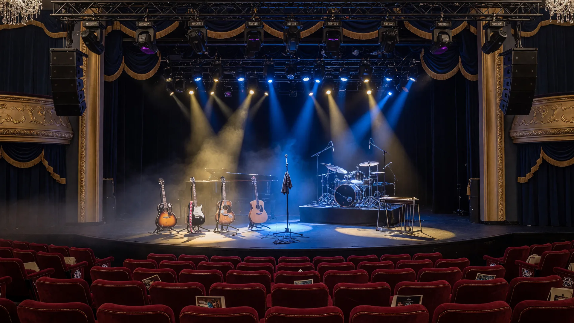 A large casino theater concert stage lit in navy and gold with guitars, a drum kit, and haze ahead of a country headliner