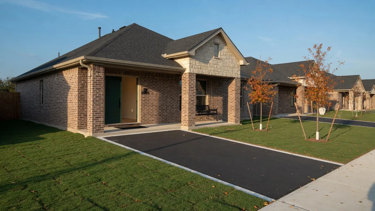 A move-in-ready new construction home in North Texas with its front door open on a clear autumn morning