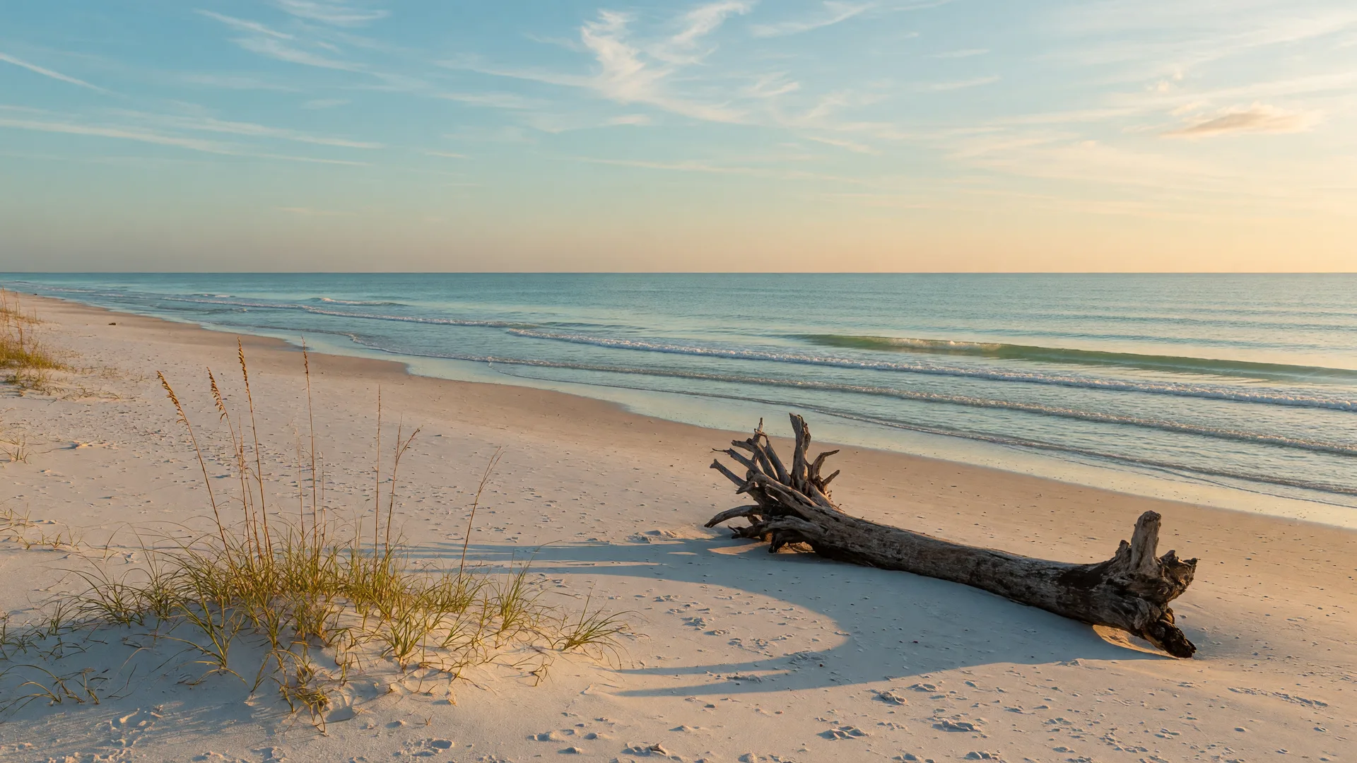 A quiet Gulf of Mexico beach in Southwest Florida on a clear late-October morning with soft white sand, gentle turquoise waves, sea oats, and driftwood in the foreground