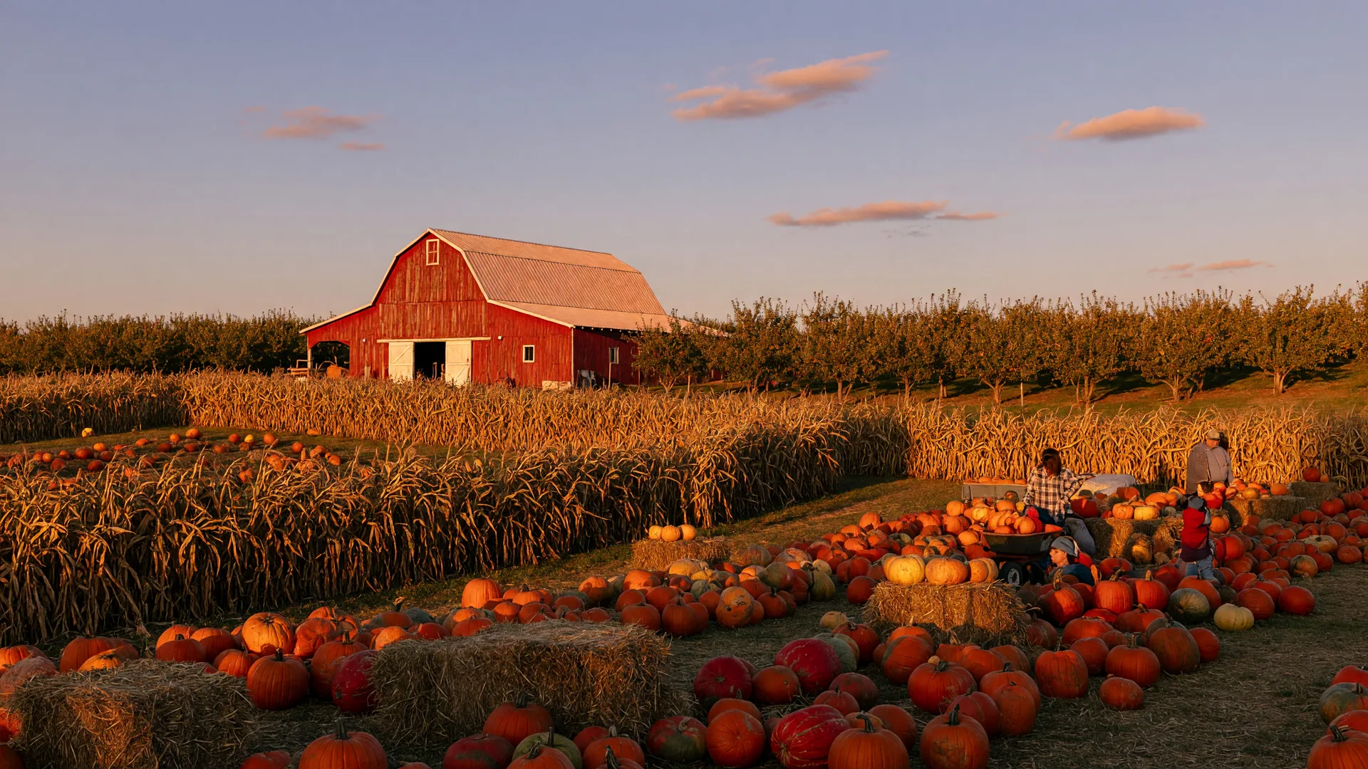 An Ohio pumpkin farm at golden hour with rows of pumpkins, hay bales, and a red barn