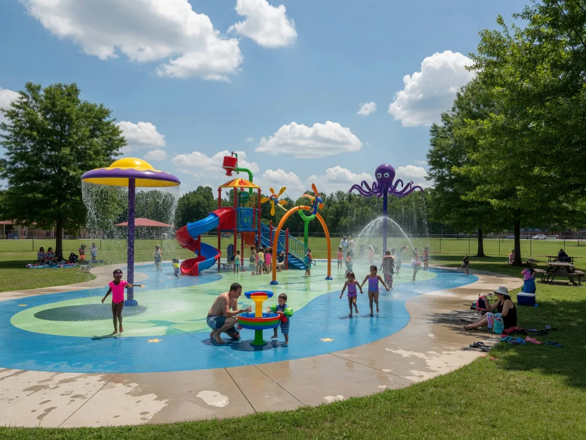 Splash pad and water playground at Andrew Leitch Park in Dale City, Virginia with families enjoying the summer recreation facility